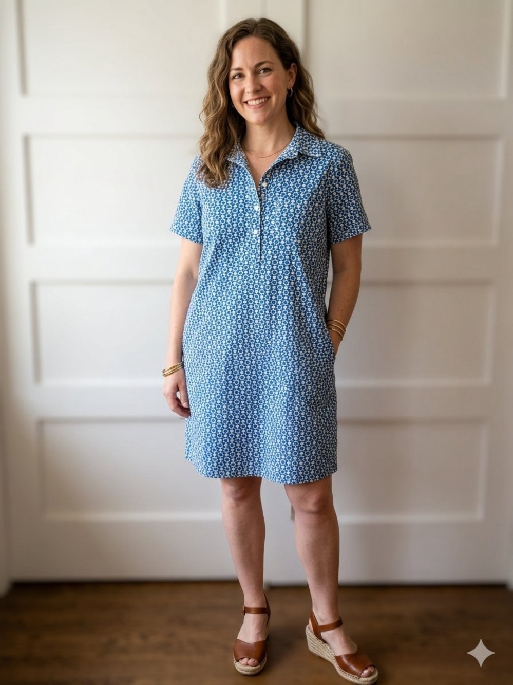 Uncle Frank Blue & White Geometric Floral Mosaic Shift Shirtdress L